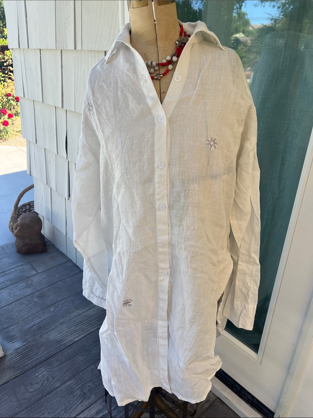 Women's White Linen Button-Front Trench Coat buttons up gray embroidery stars.